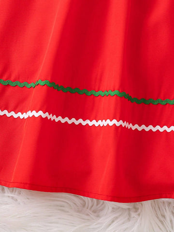 Young Girls Christmas Trim Gathered Red Dress, Suitable For Parties And Events, For Fall/Winter