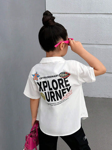 Young Girls' Clean Color Letter Print Casual Shirt