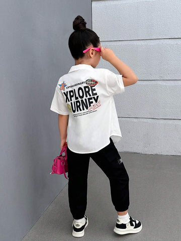 Young Girls' Clean Color Letter Print Casual Shirt