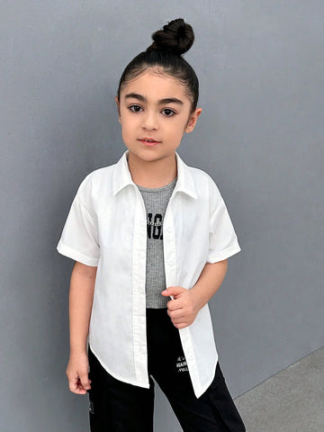 Young Girls' Clean Color Letter Print Casual Shirt