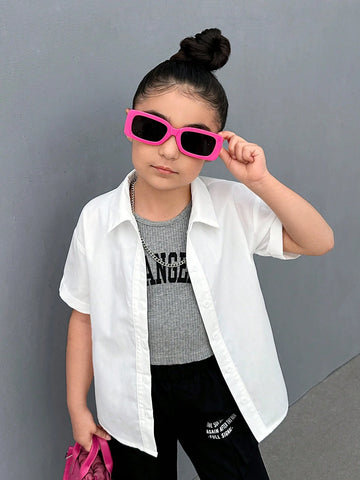 Young Girls' Clean Color Letter Print Casual Shirt