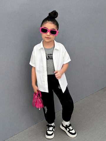 Young Girls' Clean Color Letter Print Casual Shirt