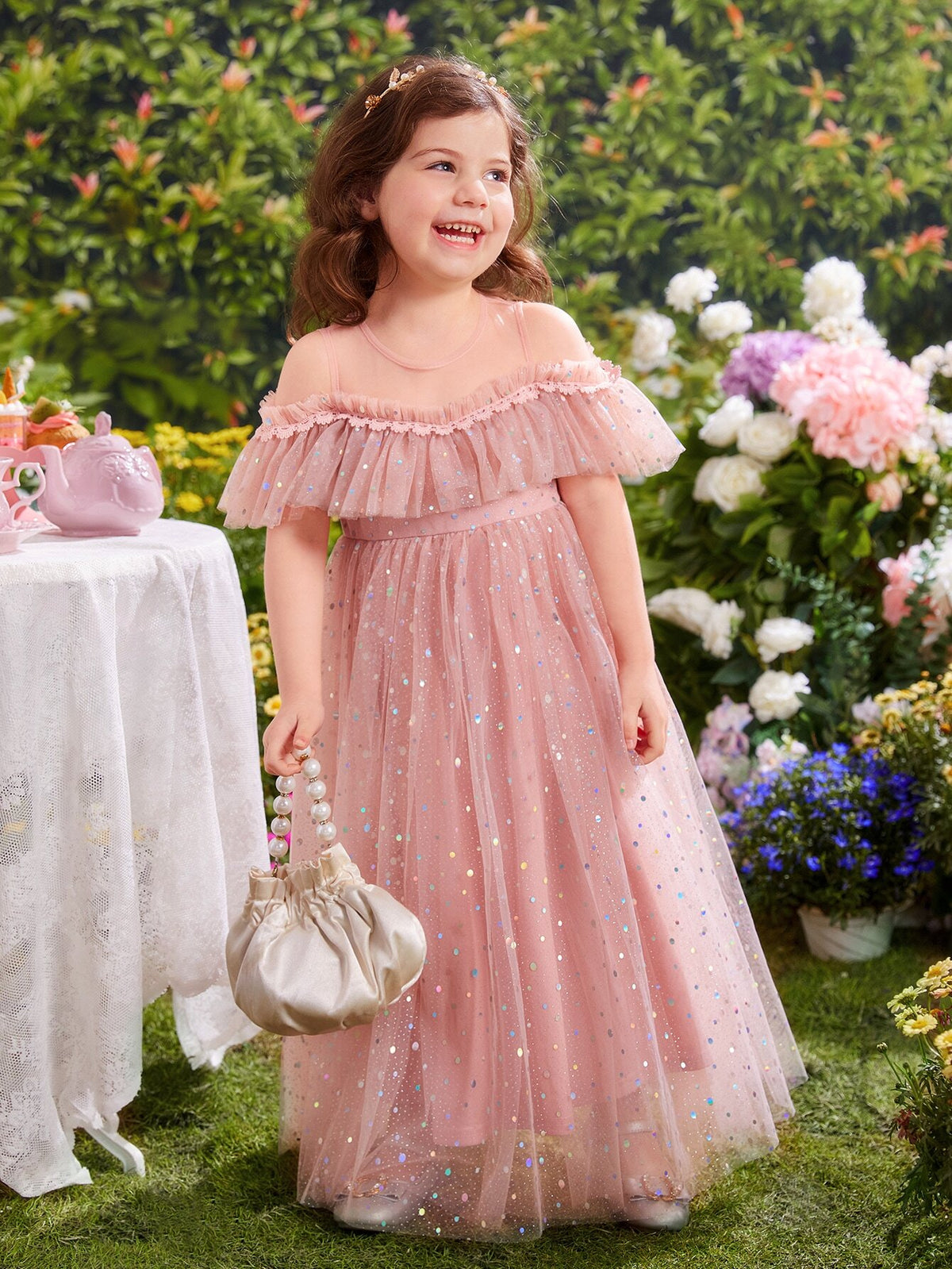 Young Girls Cold Shoulder Ruffle Trim Mesh Party Dress