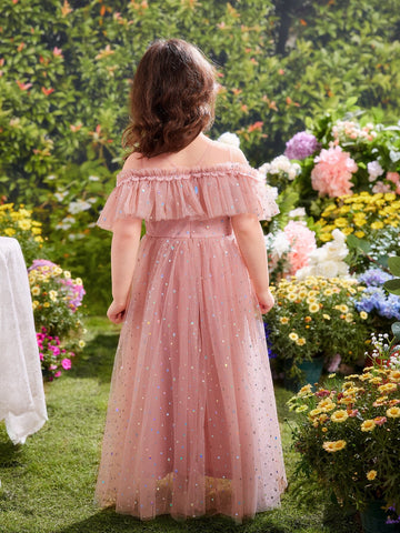 Young Girls Cold Shoulder Ruffle Trim Mesh Party Dress