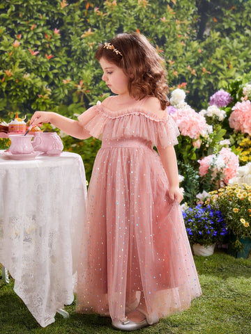 Young Girls Cold Shoulder Ruffle Trim Mesh Party Dress