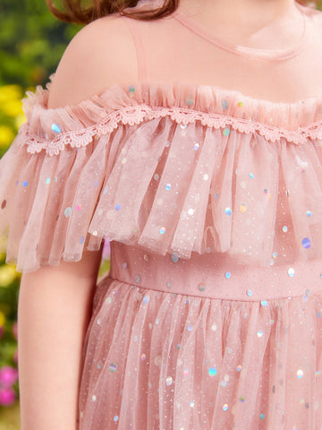 Young Girls Cold Shoulder Ruffle Trim Mesh Party Dress