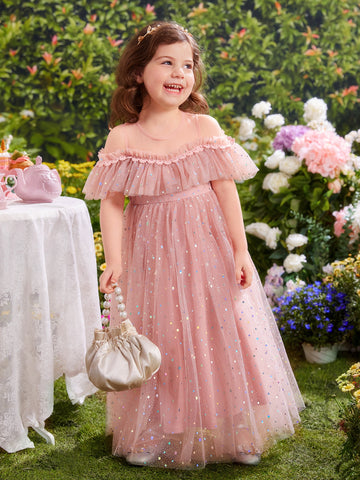 Young Girls Cold Shoulder Ruffle Trim Mesh Party Dress