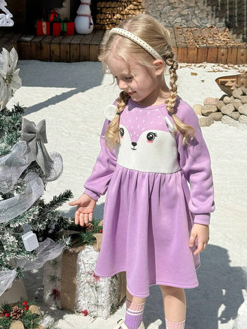 Young Girls' Color-Block Round Neck Raglan Sleeve Cute Fox Print Form-Fitting Knit Dress