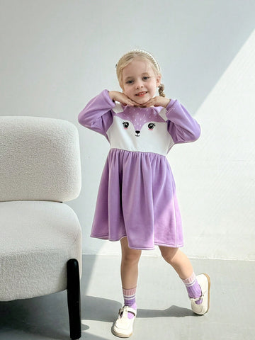 Young Girls' Color-Block Round Neck Raglan Sleeve Cute Fox Print Form-Fitting Knit Dress