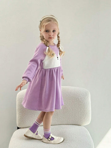 Young Girls' Color-Block Round Neck Raglan Sleeve Cute Fox Print Form-Fitting Knit Dress