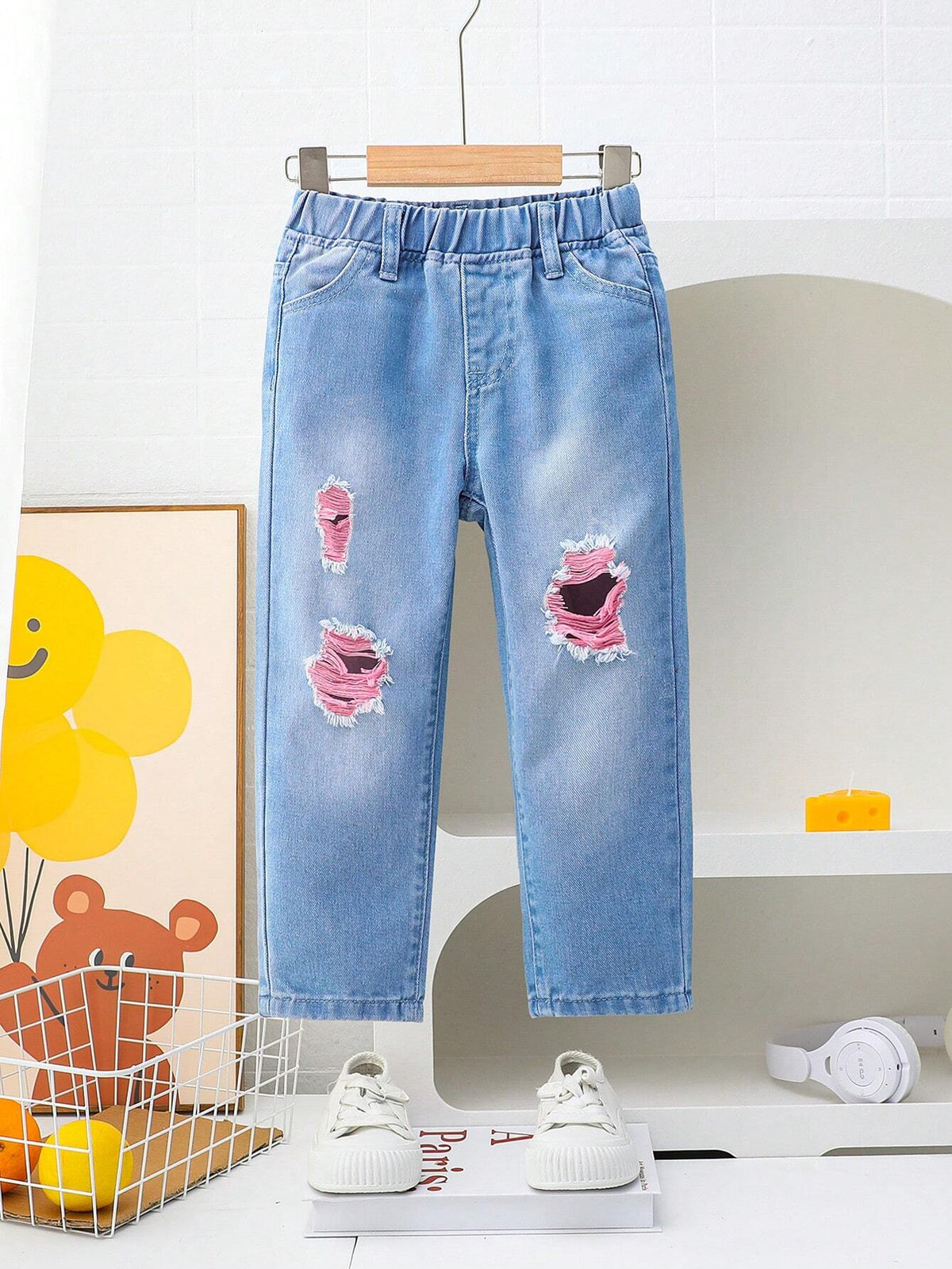 Young Girls' Color Block Simple Casual Distressed Jeans