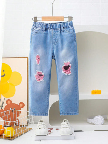 Young Girls' Color Block Simple Casual Distressed Jeans