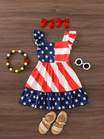 Young Girl's Color Block Striped Star Print Square Neckline Flutter Sleeve Dress For Summer And Independence Day
