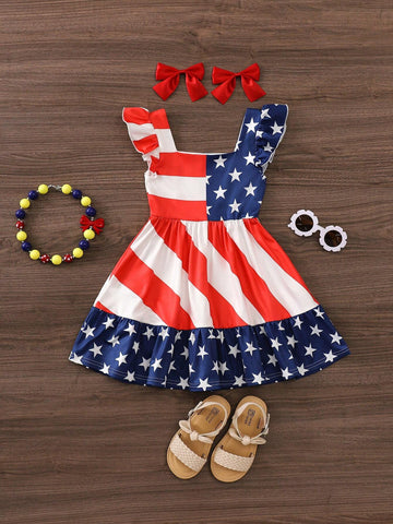 Young Girl's Color Block Striped Star Print Square Neckline Flutter Sleeve Dress For Summer And Independence Day