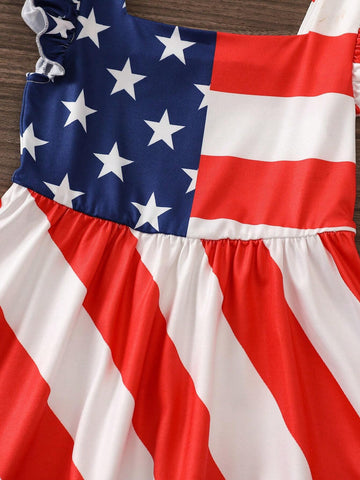 Young Girl's Color Block Striped Star Print Square Neckline Flutter Sleeve Dress For Summer And Independence Day