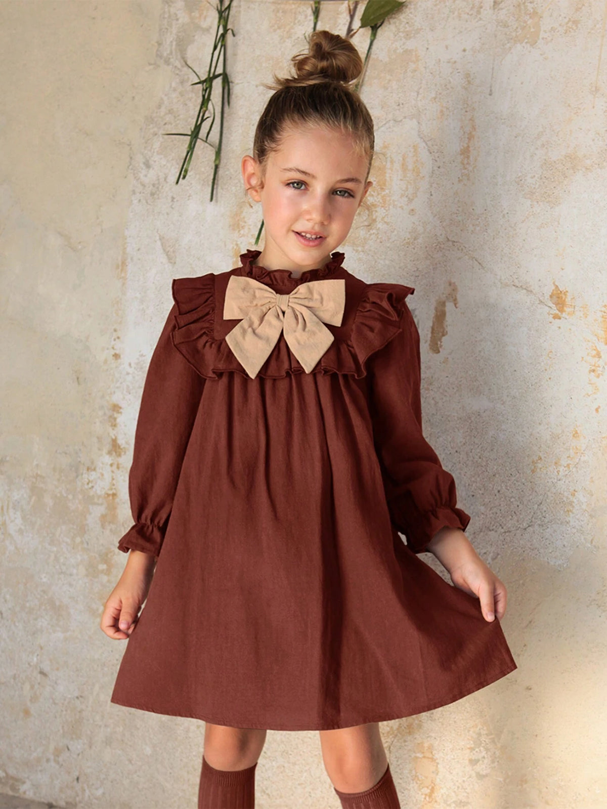 Young Girls Colorblock Bow Decor Long Sleeve Loose Ruffle Hem Dress