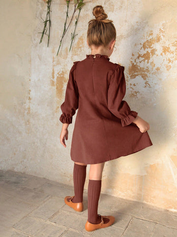 Young Girls Colorblock Bow Decor Long Sleeve Loose Ruffle Hem Dress