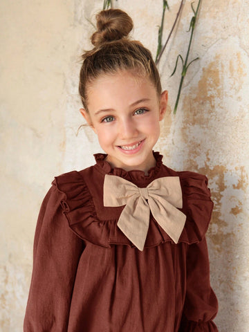 Young Girls Colorblock Bow Decor Long Sleeve Loose Ruffle Hem Dress