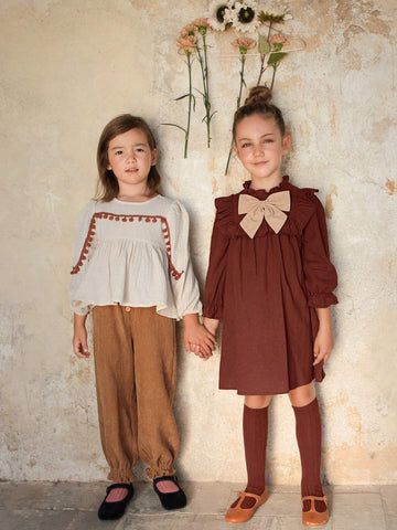 Young Girls Colorblock Bow Decor Long Sleeve Loose Ruffle Hem Dress