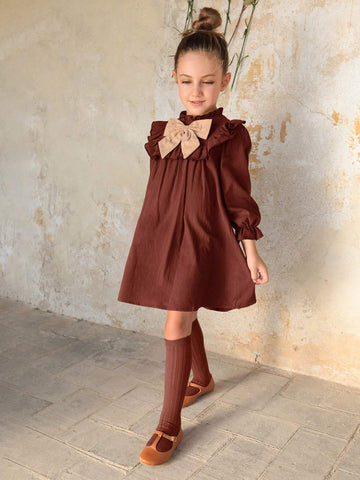 Young Girls Colorblock Bow Decor Long Sleeve Loose Ruffle Hem Dress