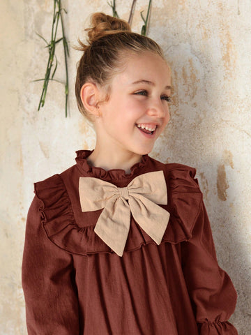 Young Girls Colorblock Bow Decor Long Sleeve Loose Ruffle Hem Dress
