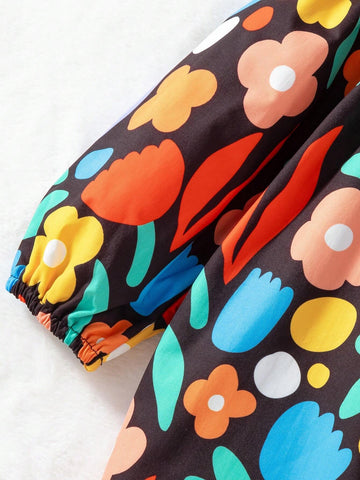 Young Girls Colorful Floral Print Dress, Fashion Trend Suitable For Spring And Autumn