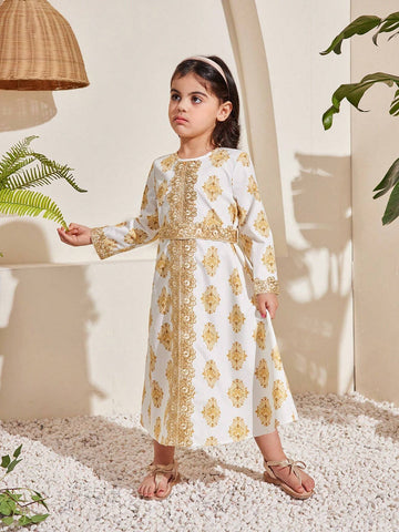 Young Girl's Combined Adorable Vintage Print Splicing Lace Round Neck Long Sleeve Dress For Vacation