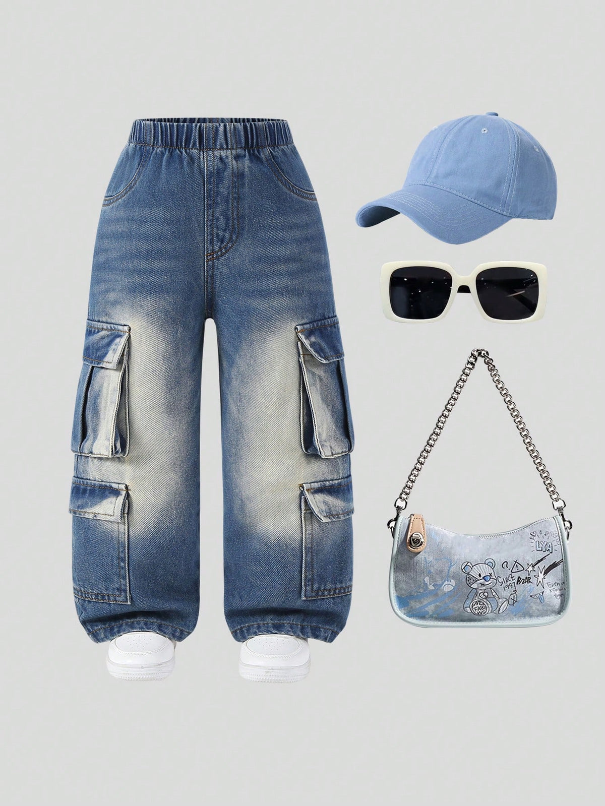 oung Girls Comfort Fitted Utility Pocket Vintage Mid-Wash Blue Non-Stretch Slim Straight Leg Jeans, Casual Versatile For Spring Autumn