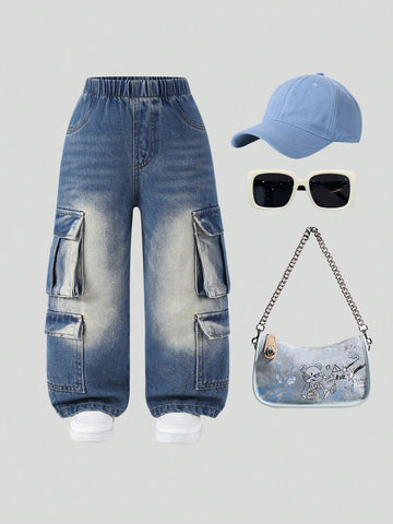 oung Girls Comfort Fitted Utility Pocket Vintage Mid-Wash Blue Non-Stretch Slim Straight Leg Jeans, Casual Versatile For Spring Autumn