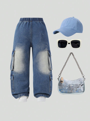 oung Girls Comfort Fitted Utility Pocket Vintage Mid-Wash Blue Non-Stretch Slim Straight Leg Jeans, Casual Versatile For Spring Autumn