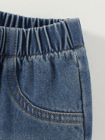oung Girls Comfort Fitted Utility Pocket Vintage Mid-Wash Blue Non-Stretch Slim Straight Leg Jeans, Casual Versatile For Spring Autumn