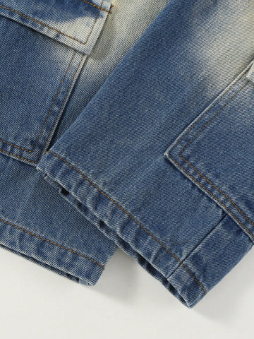 oung Girls Comfort Fitted Utility Pocket Vintage Mid-Wash Blue Non-Stretch Slim Straight Leg Jeans, Casual Versatile For Spring Autumn