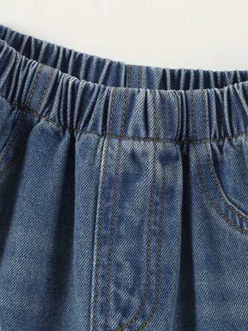 oung Girls Comfort Fitted Utility Pocket Vintage Mid-Wash Blue Non-Stretch Slim Straight Leg Jeans, Casual Versatile For Spring Autumn