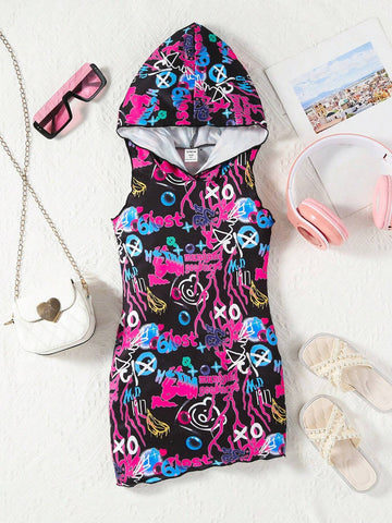Young Girls Cool Printed Hooded Dress