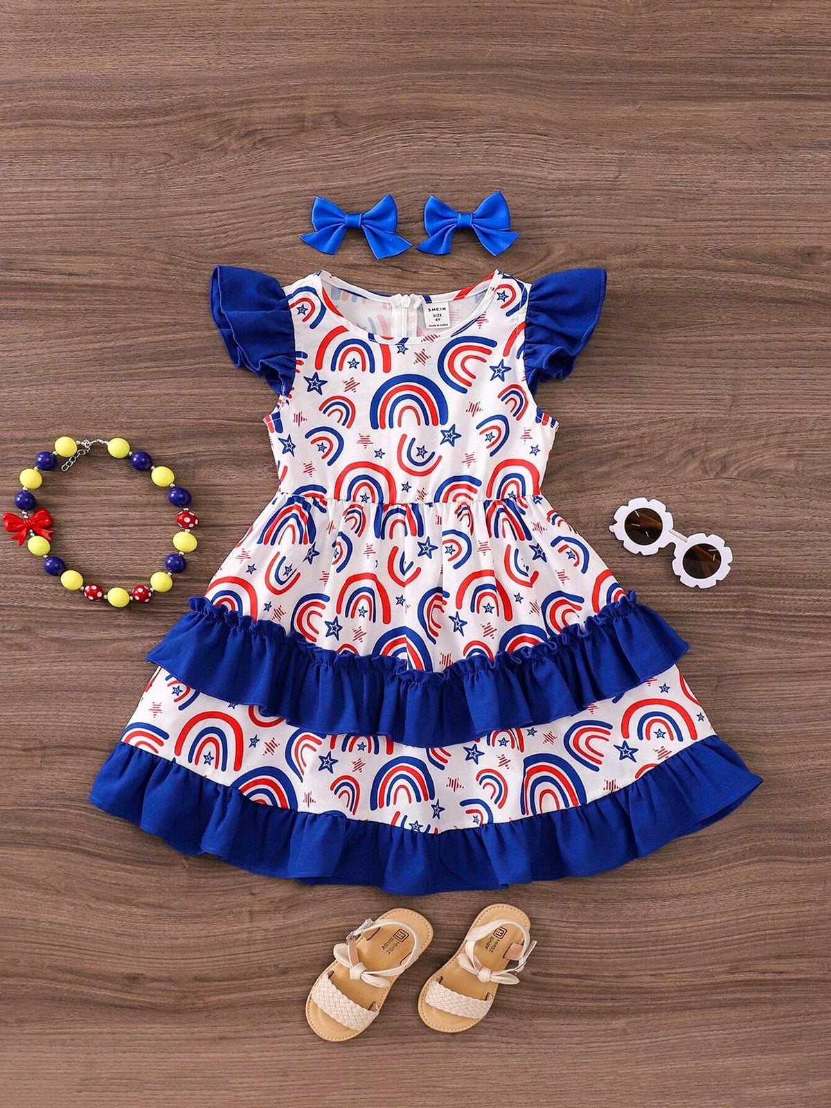 Young Girl's Cute And Casual Rainbow Pattern Flounce Sleeve Dress With Color Block Design For Summer