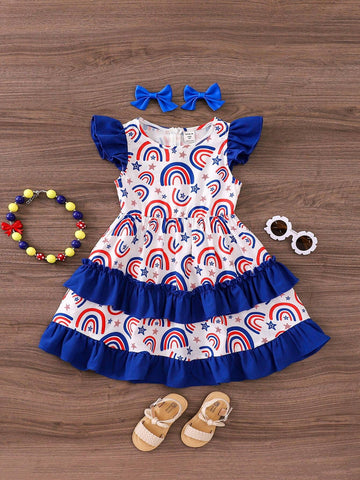 Young Girl's Cute And Casual Rainbow Pattern Flounce Sleeve Dress With Color Block Design For Summer