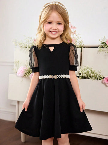 Young Girl's Cute Black Mesh Short Sleeve Dress, Summer