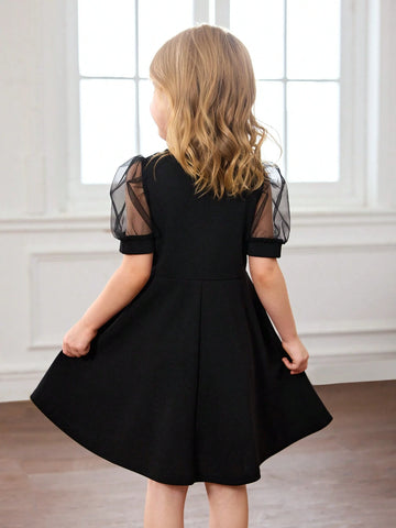 Young Girl's Cute Black Mesh Short Sleeve Dress, Summer