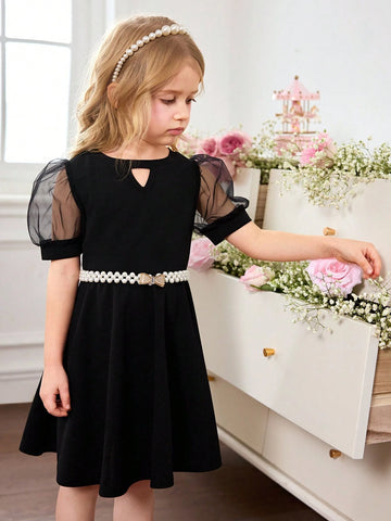 Young Girl's Cute Black Mesh Short Sleeve Dress, Summer