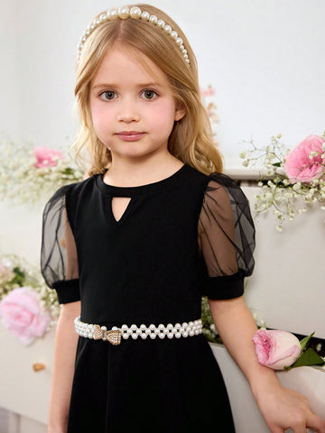 Young Girl's Cute Black Mesh Short Sleeve Dress, Summer