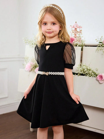 Young Girl's Cute Black Mesh Short Sleeve Dress, Summer