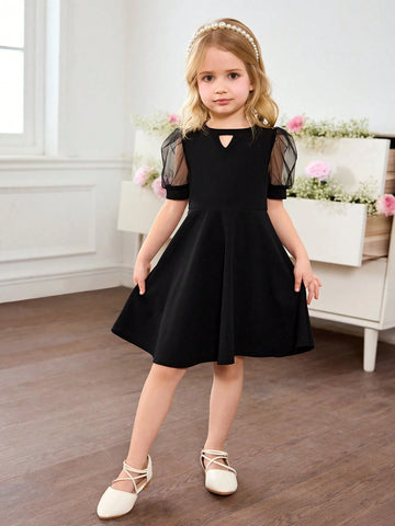 Young Girl's Cute Black Mesh Short Sleeve Dress, Summer