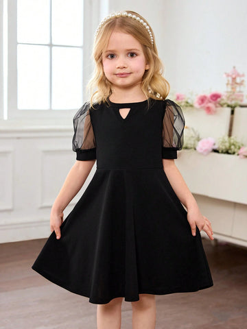 Young Girl's Cute Black Mesh Short Sleeve Dress, Summer