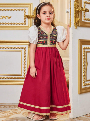 Young Girl's Cute Bohemian Style Geometric Pattern V-Neck Bubble Sleeve Midi Dress