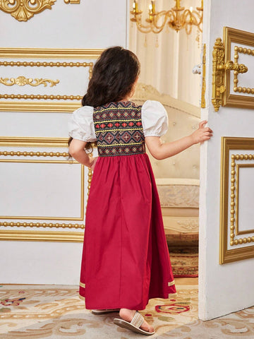 Young Girl's Cute Bohemian Style Geometric Pattern V-Neck Bubble Sleeve Midi Dress