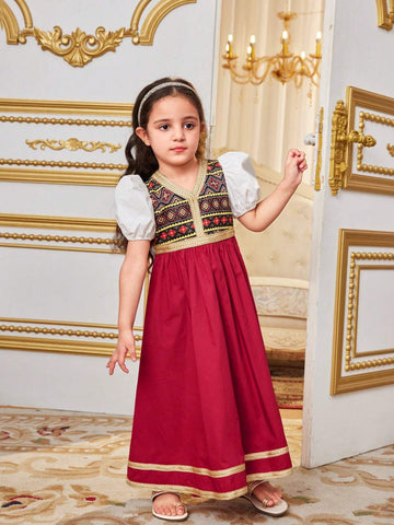 Young Girl's Cute Bohemian Style Geometric Pattern V-Neck Bubble Sleeve Midi Dress