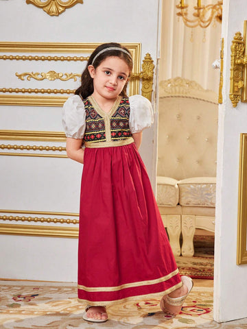 Young Girl's Cute Bohemian Style Geometric Pattern V-Neck Bubble Sleeve Midi Dress