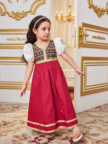 Young Girl's Cute Bohemian Style Geometric Pattern V-Neck Bubble Sleeve Midi Dress