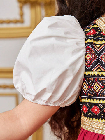 Young Girl's Cute Bohemian Style Geometric Pattern V-Neck Bubble Sleeve Midi Dress