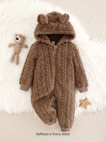 Young Girls Cute Ear Design Hooded Plush Lining Jumpsuit, Cozy & Warm For Daily Home Wear, Girls